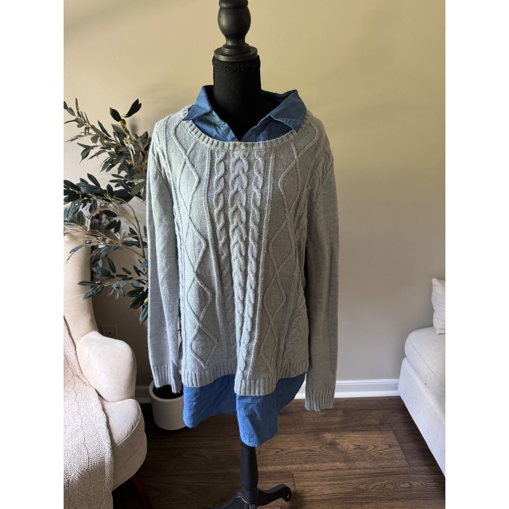 Faded Glory Womens XL Gray Cable Knit Layered Sweater Blue Chambray Insert Top